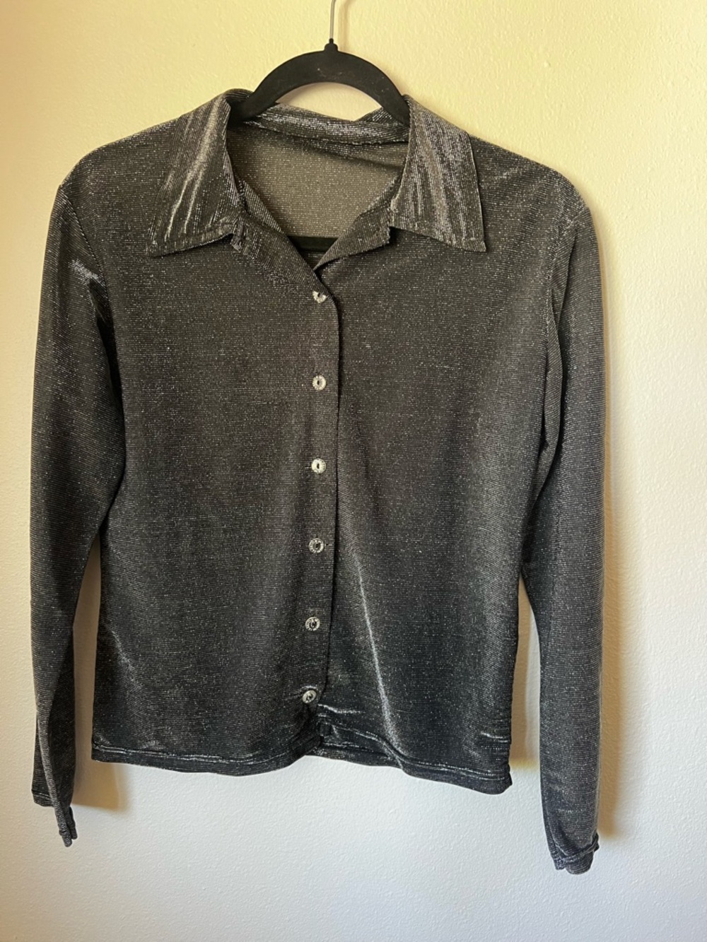 Y2K Metallic Button Up Top Shimmer Silver Black Fitted Collared Small Medium